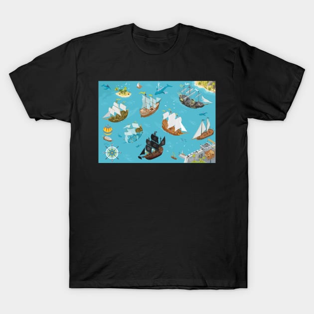 Pirat Bay and sail ships fantasy illustrations T-Shirt by qpiii